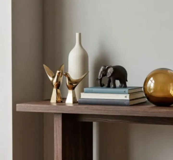 Dekoracyjne figurki i akcenty ustawione na półce w salonie