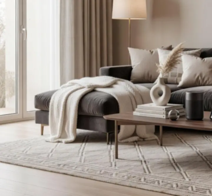 Kuratorowana aranżacja wnętrza z dekoracjami i oświetleniem