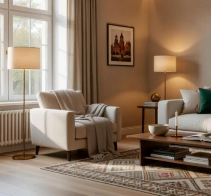 Elegancko urządzone wnętrze salonu z dekoracjami i tekstyliami