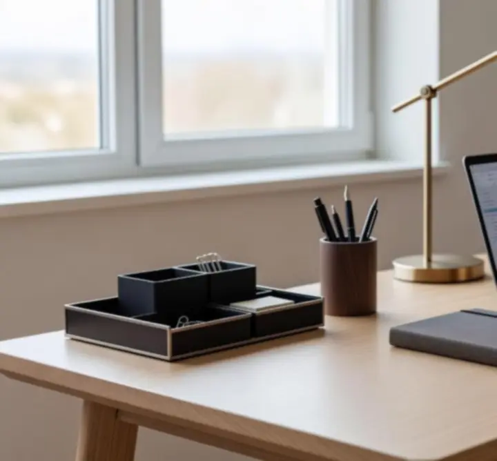 Stylowe akcesoria biurowe na biurku w domowym gabinecie