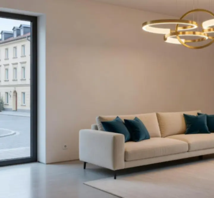 Nowoczesny, elegancki salon z oświetleniem sufitowym i lampą podłogową