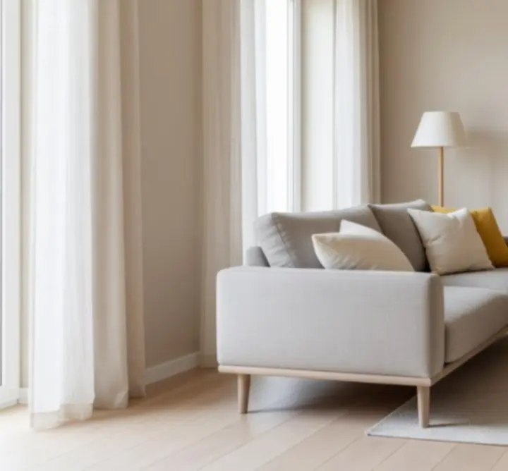 Wnętrze w stylu skandynawskim z jasnymi tekstyliami i prostymi formami